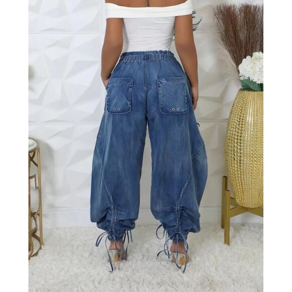 Women's Baggy Y2K Cargo Jeans Elastic Waist Bow Knot Drawstring Denim - Picture 4 of 6